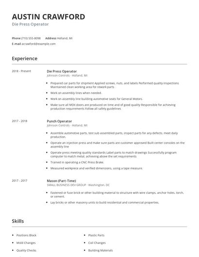Die Press Operator Resume