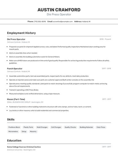 Die Press Operator Resume