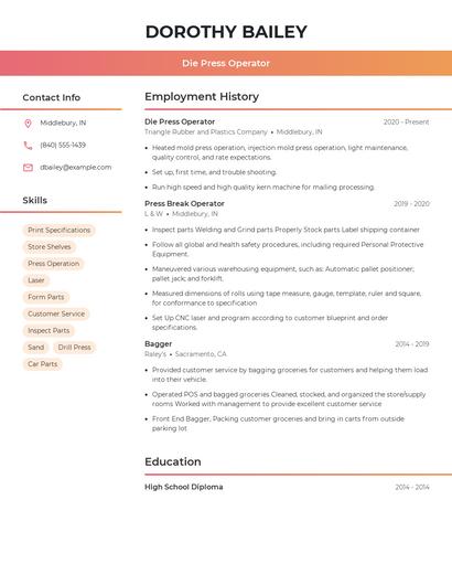 Die Press Operator Resume