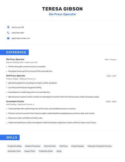 Die Press Operator Resume