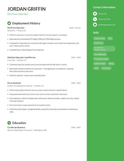 Die Press Operator Resume