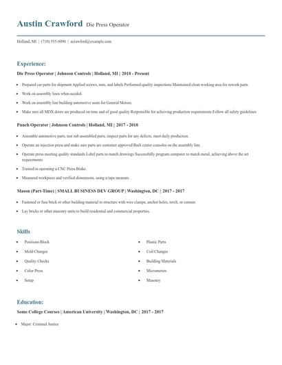 Die Press Operator Resume