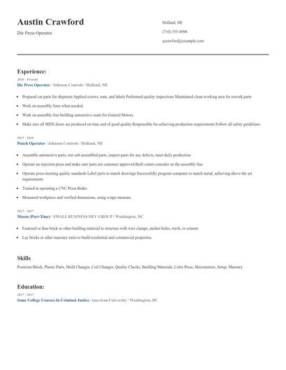 Die Press Operator Resume