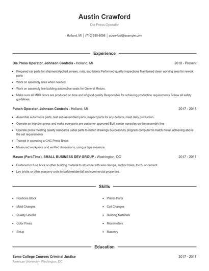 Die Press Operator Resume