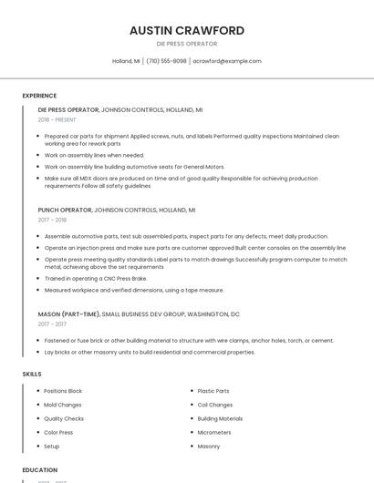 Die Press Operator Resume