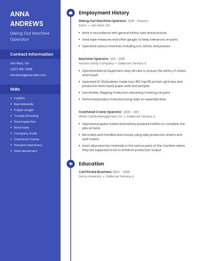 Dieing Out Machine Operator Resume