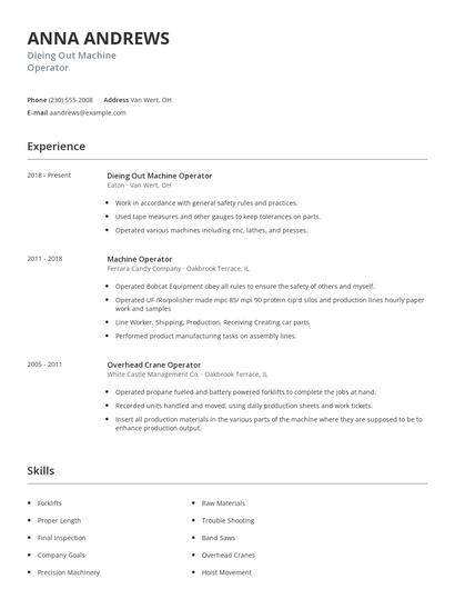 Dieing Out Machine Operator Resume