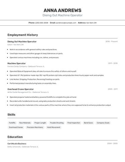 Dieing Out Machine Operator Resume