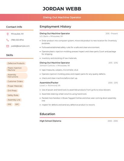 Dieing Out Machine Operator Resume