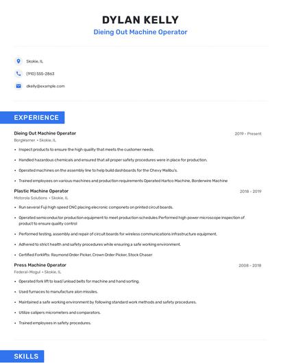 Dieing Out Machine Operator Resume
