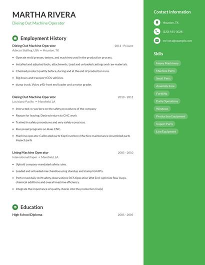 Dieing Out Machine Operator Resume