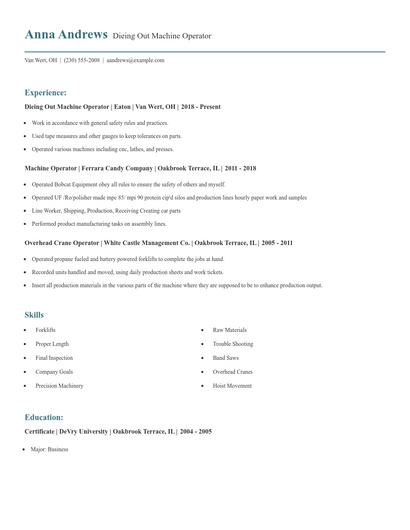 Dieing Out Machine Operator Resume