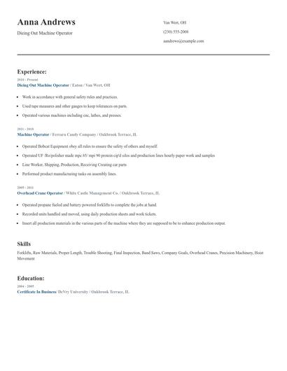 Dieing Out Machine Operator Resume