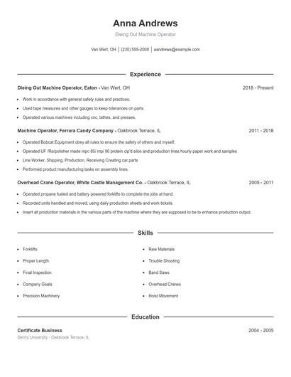 Dieing Out Machine Operator Resume