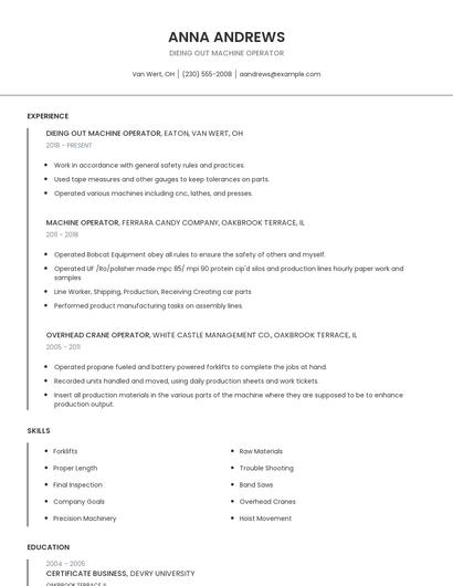 Dieing Out Machine Operator Resume
