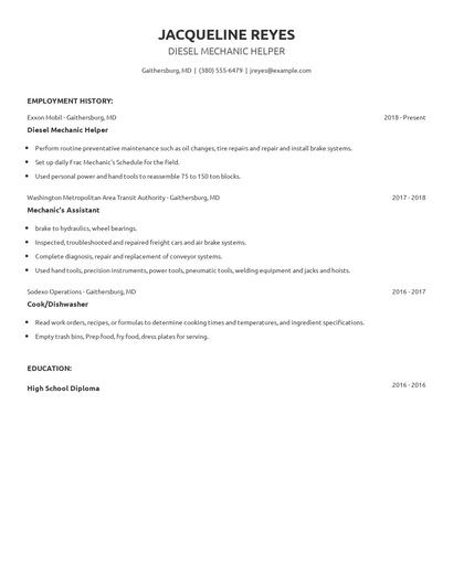 Diesel Mechanic Helper Resume