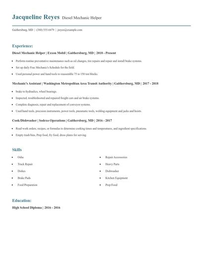 Diesel Mechanic Helper Resume