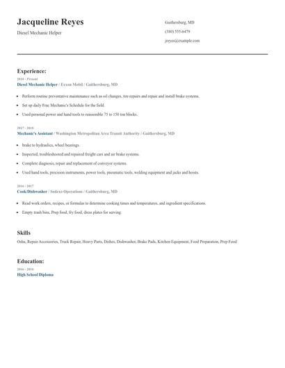 Diesel Mechanic Helper Resume