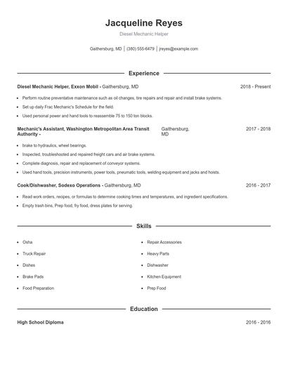 Diesel Mechanic Helper Resume