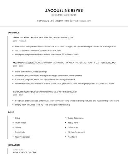 Diesel Mechanic Helper Resume