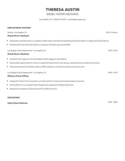 Diesel Motor Mechanic Resume