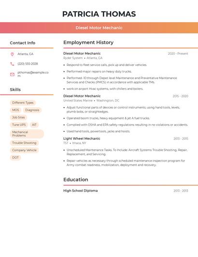 Diesel Motor Mechanic Resume