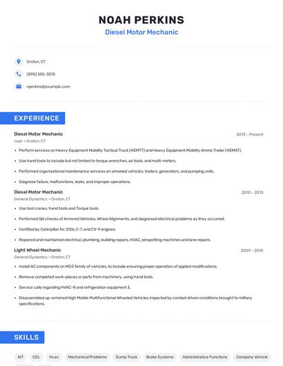Diesel Motor Mechanic Resume