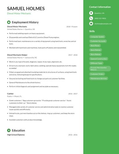Diesel Motor Mechanic Resume