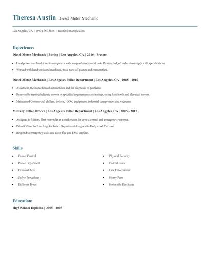 Diesel Motor Mechanic Resume