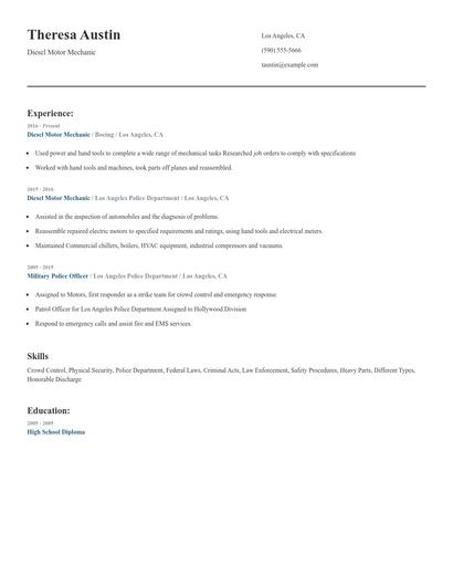 Diesel Motor Mechanic Resume