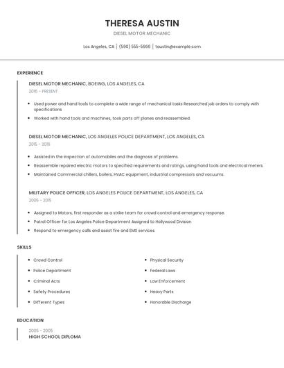 Diesel Motor Mechanic Resume