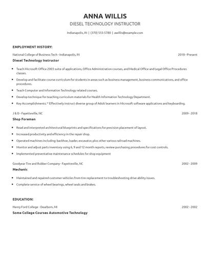 Diesel Technology Instructor Resume