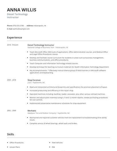 Diesel Technology Instructor Resume
