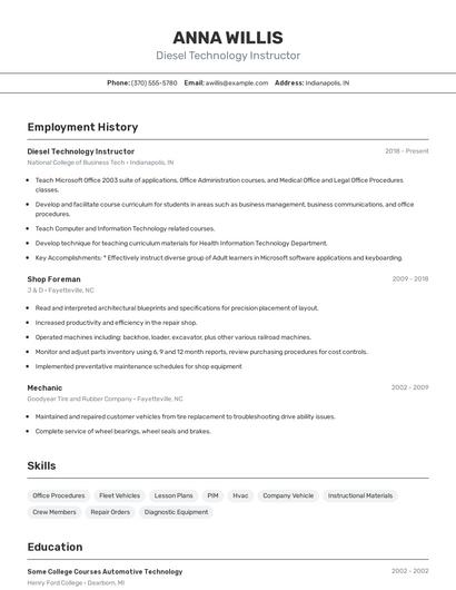 Diesel Technology Instructor Resume