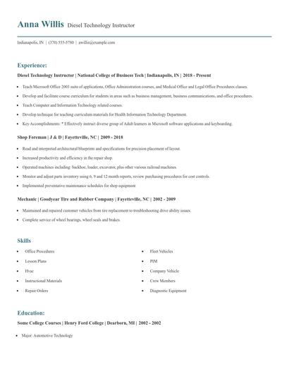 Diesel Technology Instructor Resume