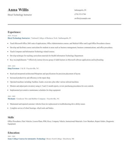 Diesel Technology Instructor Resume