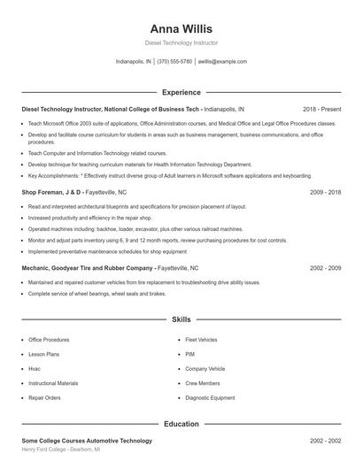 Diesel Technology Instructor Resume