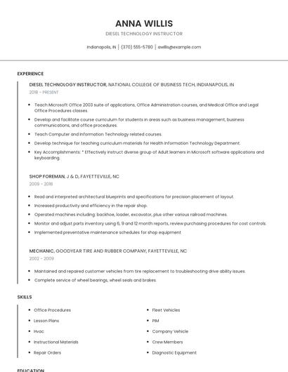 Diesel Technology Instructor Resume