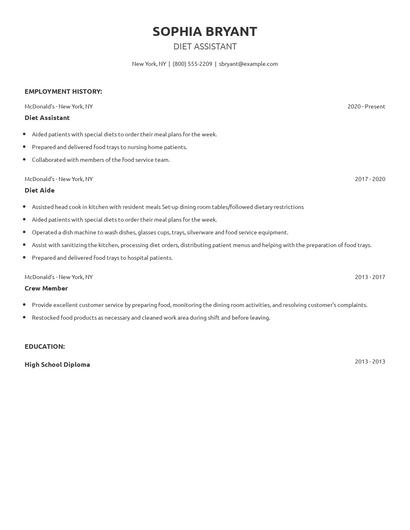 Diet Assistant Resume
