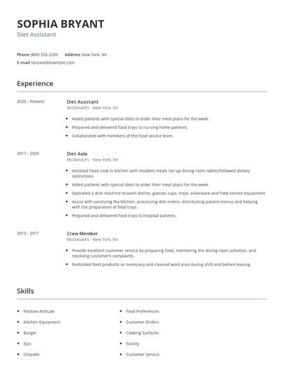 Diet Assistant Resume