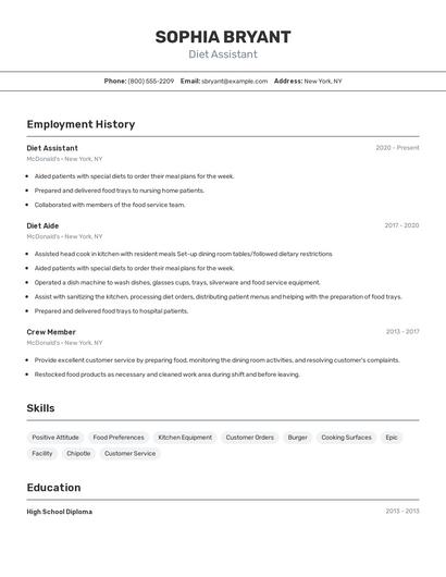 Diet Assistant Resume