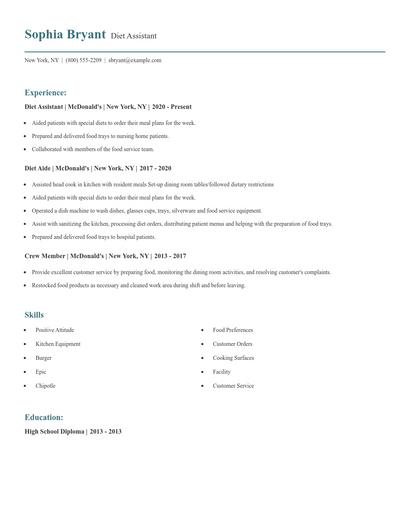 Diet Assistant Resume