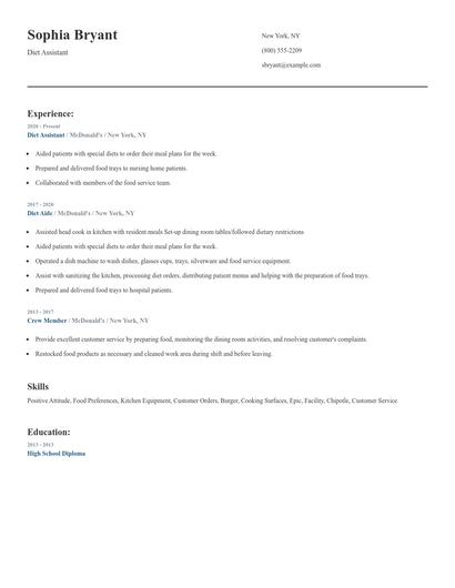 Diet Assistant Resume