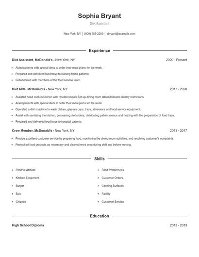 Diet Assistant Resume