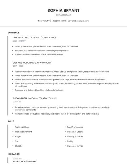 Diet Assistant Resume
