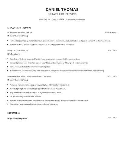 Dietary Aide, Serving Resume