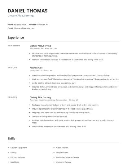 Dietary Aide, Serving Resume