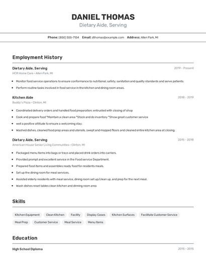 Dietary Aide, Serving Resume