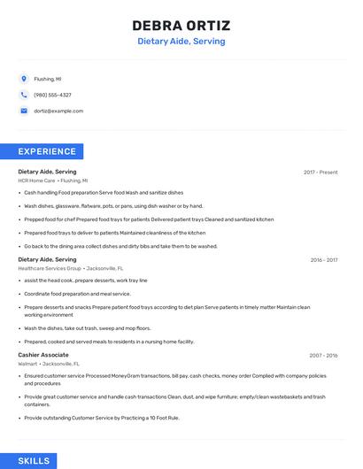 Dietary Aide, Serving Resume
