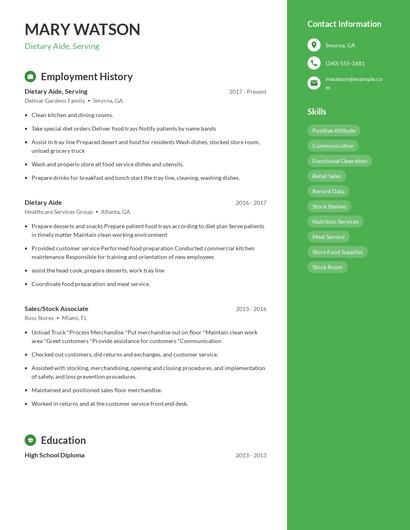 Dietary Aide, Serving Resume
